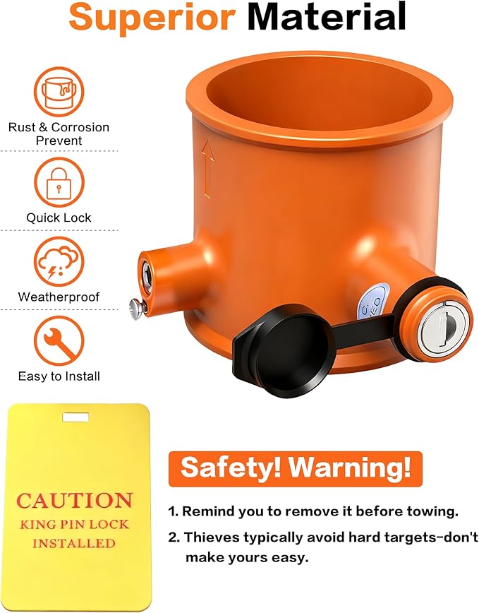 IZTOSS 5th Wheel Lock Heavy Duty Solid Steel King Pin Lock with Anti-Theft Warning Tag Waterproof for RVs Container Trailers and Campers