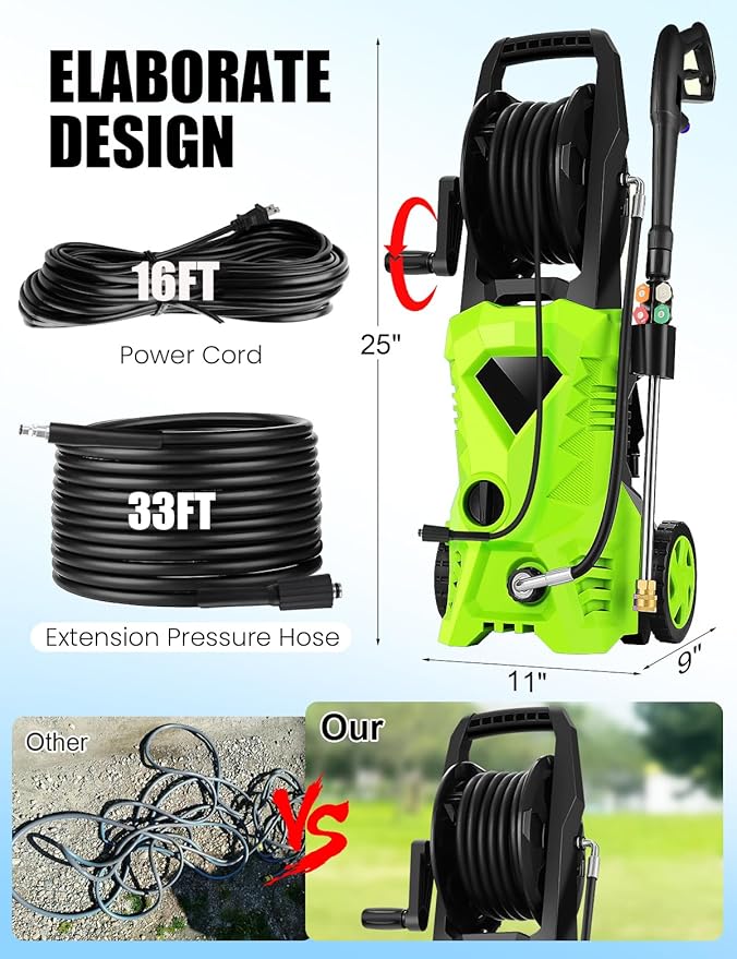 5000PSI Electric Pressure Washer - 2025 New Power Washer with Upgraded 33ft Pressure Washer Hose Reel, Foam Cannon, 4 Nozzle Set, Power Washer for House/Patios/Car/Fence, Green