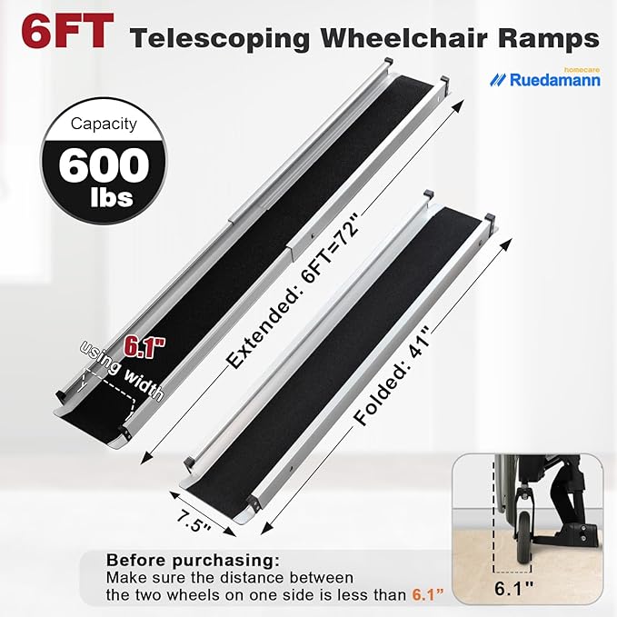 Ruedamann Wheelchair Ramp 6FT Telescoping Wheelchair Ramps for Home Steps Portable Non-Skid Ramps for Wheelchairs for Home Adjustable Aluminum Wheelchair Ramp Storage Bag (2 Pcs)