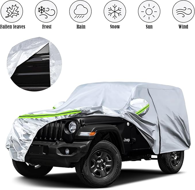 Waterproof Car Covers Replace for 2007-2025 Jeep Wrangler 2 Doors, 6 Layers Silver All Weather Car Cover with Zipper Door & Windproof Bands for Snow Rain Dust Hail Protection