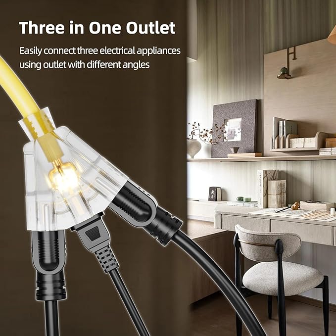 100 FT Outdoor Extension Cord with Multiple Outlets, 12 Gauge Heavy Duty Yellow Extension Cord Waterproof with 3 Outlet, 3 Prong Power Cord for Garden and Home Use Indicator Light, ETL Listed