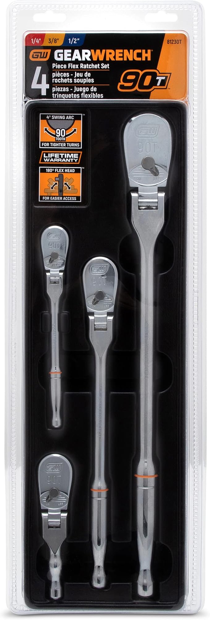 GEARWRENCH 4 Piece 1/4", 3/8" & 1/2" Drive 90 Tooth Full Polish Flex-Head RATCHET Set - 81230T, Multicolored