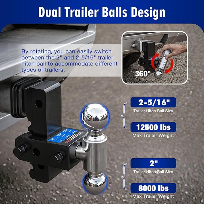 Adjustable Trailer Hitch Fits 2" Receiver - Heavy-Duty 12,500 lbs GTW Aluminum Tow Hitch with Dual Ball (2" & 2-5/16"), 6" Drop/Rise, 4 Silencer Pads & Anti-Theft Lock for Trucks and SUVs