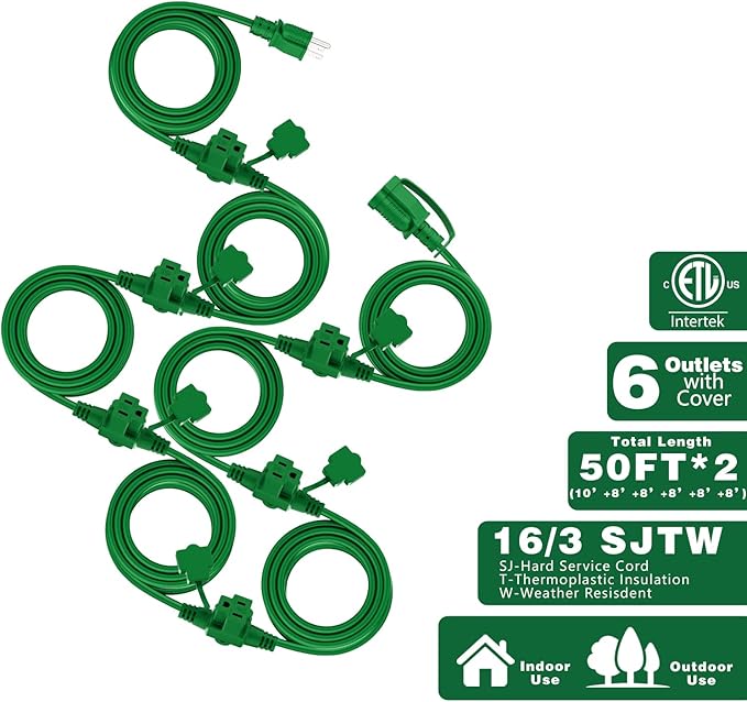 K KASONIC - Outdoor Extension Cord 100 FT, Evenly Spaced 12 Outlets Plugs, 16/3 SJTW Weatherproof Multiple Outlets Wire for Landscaping Light, Holiday Decoration and Christmas, ETL Listed, Green