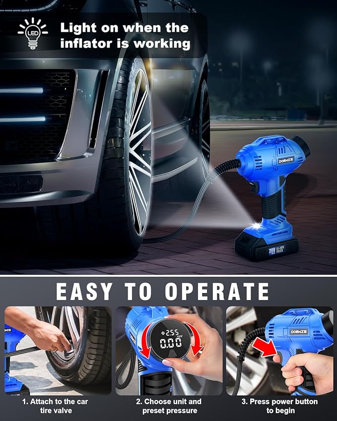 DORMZIE Cordless Tire Inflator Portable Air Compressor, 150 PSI Handheld Air Pump for Car Tires with 20V Rechargeable Battery, 12V Car Power Adapter, Digital Display, Ball, Motorcycle, Bike Pump