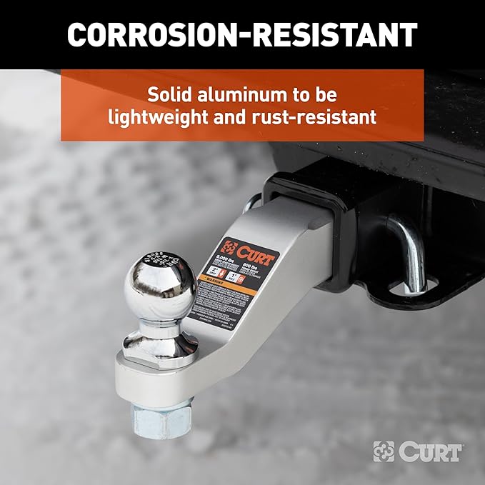 CURT 45360 Aluminum Trailer Hitch Ball Mount, Fits 2-Inch Receiver, 8,000 lbs, 1-Inch Hole, 2-in Drop, 1-in Rise