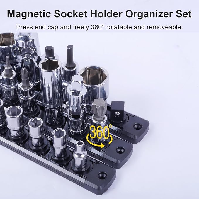 Magnetic Socket Holder Organizer Set:1/4-Inch Drive Socket Trays Socket, 360° Swivel 14 Clips Socket Holder Kit, For Automotive Mechanic Garage (Black)