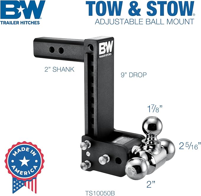 B&W Trailer Hitches Tow & Stow Adjustable Trailer Hitch Ball Mount - Fits 2" Receiver, Tri-Ball (1-7/8" x 2" x 2-5/16"), 9" Drop, 10,000 GTW - TS10050B