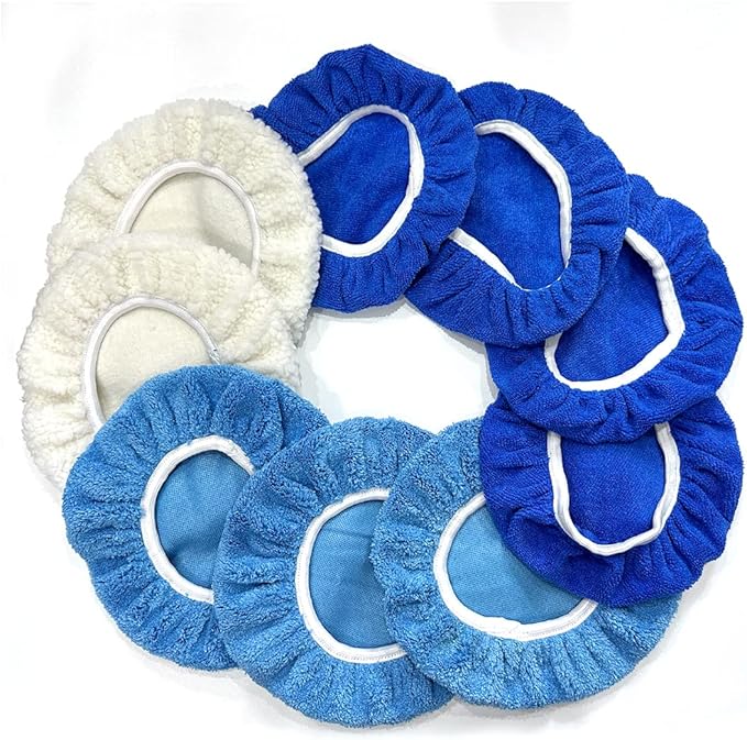 AICEL 9PCS Car Buffer Polisher Pad Bonnet, 9 to 10 Inches Car Orbital Polishing Bonnet Coral Fleece Buffing Cover, Soft Microfiber Car Woolen Wax Kit, Universal Auto Cleaning Waxers Set