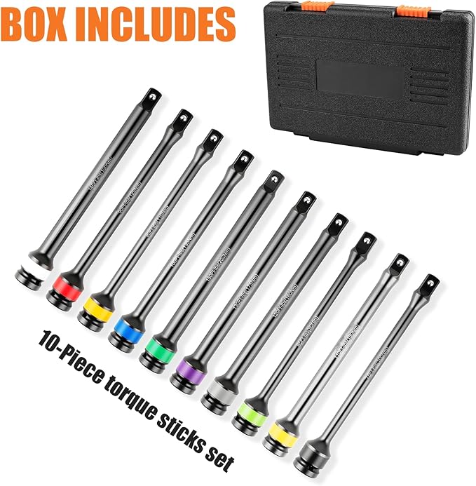 Torque Limiting Extension Bar Kit, 10 Piece 1/2" Drive Torque Wrench Set with Color-Coded Torque Sticks (65-150 Ft-Lbs), Compatible with 1/2" Drive Tools for Lug Nuts, Automotive Repair