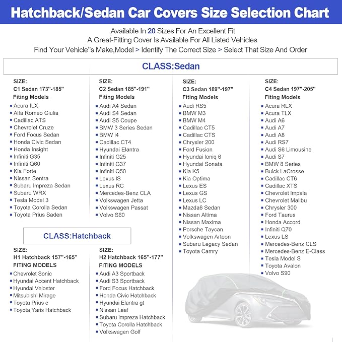 Waterproof Car Cover Compatible with Civic/Corolla/Cruze/Sentra/Forte/Focus All-Weather Protection, 173"-185" Sedan PEVA Car Cover with Zipper Door