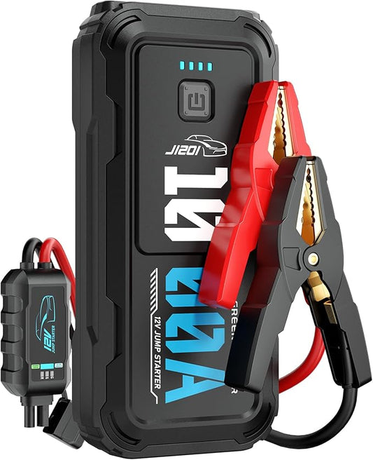 Portable Car Battery Jumper Starter 1000A Jump Box with Power Bank LED Light Protection Case for Car Emergency Kit, 12V Booster Pack Jump Starter with Heavy Duty Jump Cables, GREEN KEEPER GK-J1201