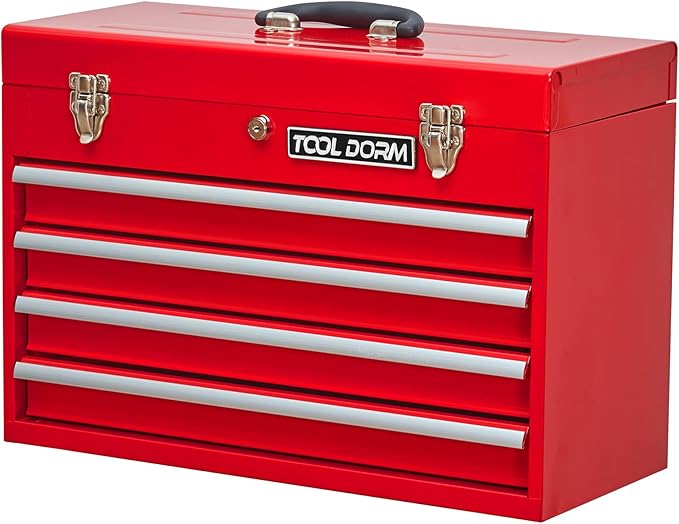 Metal Tool Box with 4 Drawers Portable Steel Tool Chest with Metal Cylinder Lock and Latch Closure, Liner, Red Powder coating, suitable for Garage, Warehouse and Outdoor Repair job