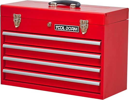 Metal Tool Box with 4 Drawers Portable Steel Tool Chest with Metal Cylinder Lock and Latch Closure, Liner, Red Powder coating, suitable for Garage, Warehouse and Outdoor Repair job