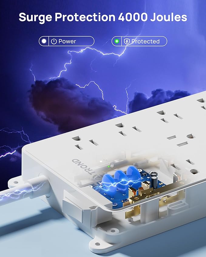 TROND 360° Rotating Flat Plug, Surge Protector Power Strip, 13AC Widely Spaced Outlets Expansion with 3 USB C Ports, 4000J, 5ft Extension Cord Heavy Duty, Wall Mount, Under Desk, ETL Listed, White
