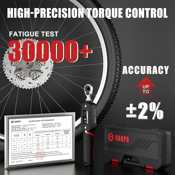 VANPO 1/4-Inch Digital Torque Wrench, 4–8.85 ft-lb/0.6–12 Nm, ±2% Accuracy, Electronic Torque Wrench with LCD Display, Audible & Color Feedback,Data Storage for Scopes, Bike & Precision Repair
