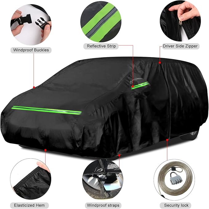 Waterproof Car Cover Replace for 2008–2025 Chrysler Town & Country, Chrysler Pacifica and Dodge Grand Caravan Minivan, 6 Layers All Weather Car Cover with Zipper Door for Snow Rain Dust Protection