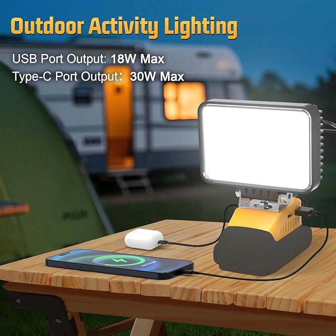 7200LM LED Work Light Compatible with Dewalt 20V Battery, 72W Cordless Floodlight with 2 USB, 1 Type-C Port, Upgraded LED Light Low Voltage Protection for Camping, Workshop, Emergency Adjustable 140°