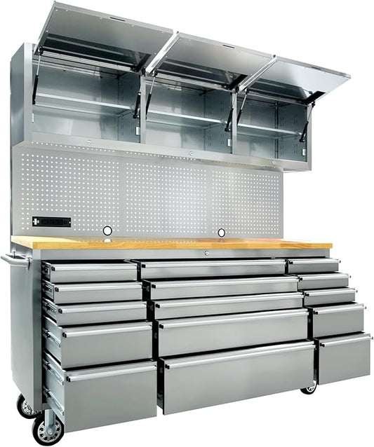 CHETTO C 72-inch Rolling Tool Chest Cabinet Mobile Workbench with 15 Storage Drawers and Wheels 3 Uper Cabinet Outlet SS Pegboard Stainless Steel Tool Box for Garage