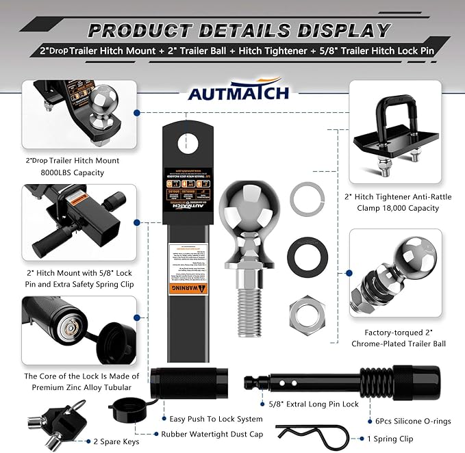 AUTMATCH Trailer Hitch Ball Mount with 2 Inch Hitch Ball - Fits 2" Receiver and 2-Inch Drop Tow Hitch, 8000Lbs Capacity Ball Hitch, Hitch Tightener with 5/8" Anti-Theft Hitch Lock Pin, Black