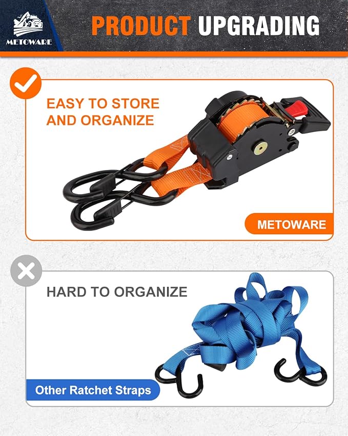 METOWARE Retractable Ratchet Straps (2-Pack) - 1 in x 10 Ft (1500lb Break Strength) - Heavy Duty Auto Self Retracting Tie Down Straps for Truck, Trailer, Cargo Van, Motorcycle - Orange