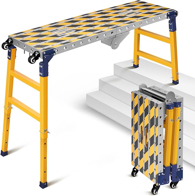 Versatile Portable Steel Work Bench with 4 Wheels, 63'' × 14.2'' Foldable Welding Table with Height Adjustment, Heavy Duty Steel Construction Galvanized Tabletop Workbench with 1102 LBS