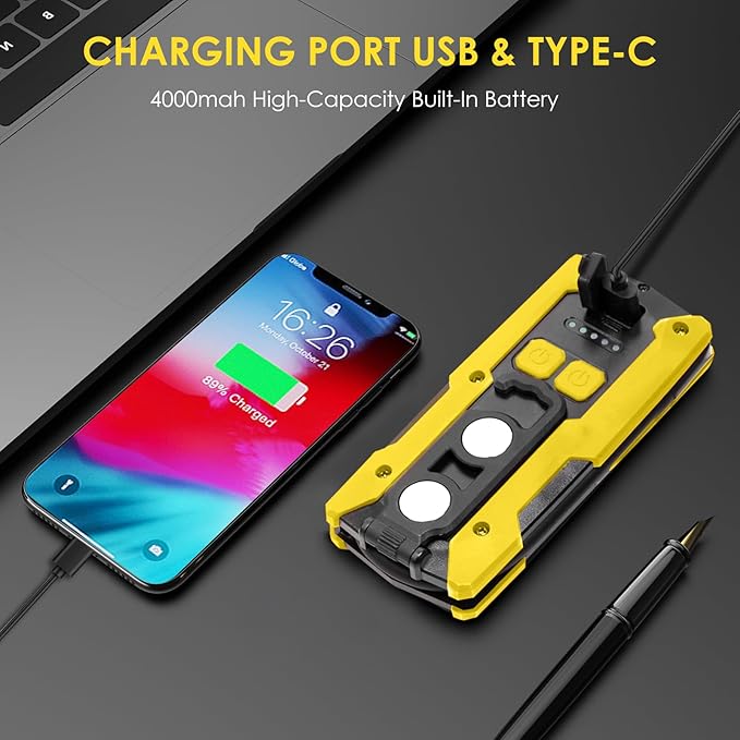 Rechargeable LED Work Light, OTYTY 40W 2000LM Magnetic Work Light Battery Powered Portable Flood Light with Gooseneck Flashlight for Car Repairing, Camping, Inspection (GFY)