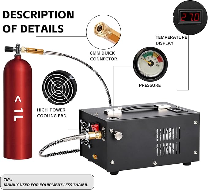 PCP Air Compressor, 4500Psi/30MPa, 12V DC/120V AC Airgun Compressor with Manual Shut-off, Built-in Filter Suitable for Airguns, Paintball Guns, High-Pressure Cylinders, Diving Tanks
