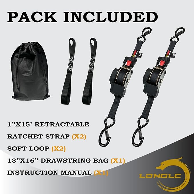 4-Pack Retractable Ratchet Straps Black Heavy Duty - 1 Inch X 15Feet with Soft Loops, 2,000lbs Breaking Strength - Best for Trucks, Cargo Trailer, Motorcycle, Tie Down Straps Ratchet