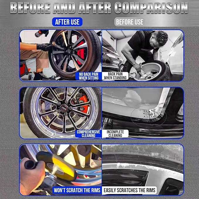 Upgraded Rolling Wheel Detailing Stand – Heavy-Duty Tire Cleaning and Polishing Roller with Wheels Handle Ramp and 3-Way Rotating Rollers for Ceramic Coating, Tire Shine, Car Wheel Wash