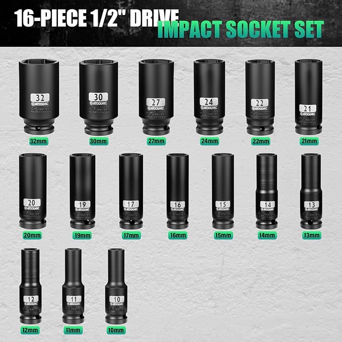 1/2 Inch Drive Impact 16 PCS Hex Socket Set,Metric Deep (10-32mm) Sockets,6 Point Radius Corner Design,CR-MO Alloy Steel,Square Chamfered Opening,Axle Nut Socket For Auto Repair