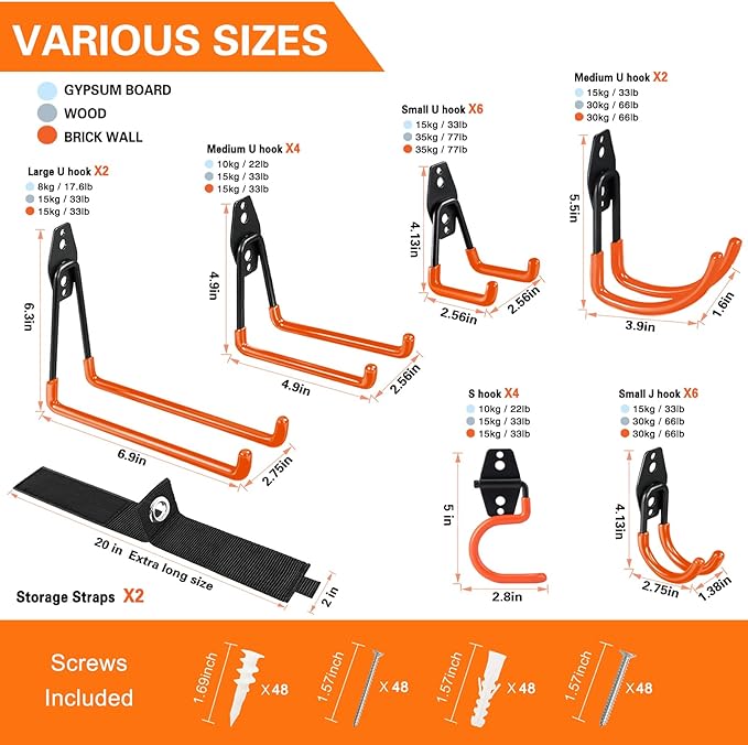 HUPBIPY 26 Pack Garage Hooks Heavy Duty Utility Steel with Anti-Slip Coating Wall Mount Storage Organizer for Hanging Power and Garden Tools, Ladders, Hose, Bikes, Ropes, Bulk Items, and More