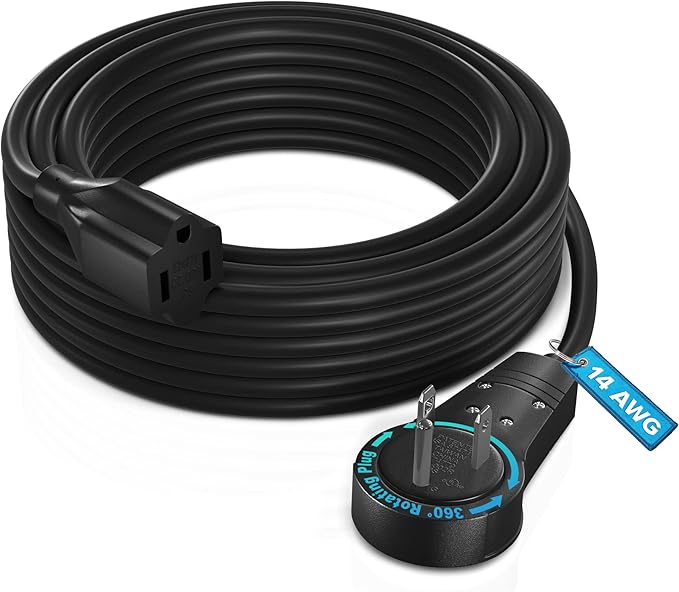 Maximm Extension Cord 25 Ft – 360° Rotating Flat Plug, 3-Prong Grounded, Heavy Duty 14AWG Wire – UL Certified, Indoor Power Cable – Ideal for Long Reach & Tight Spaces – Black