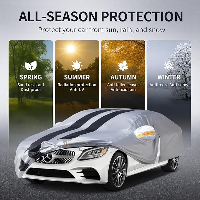 Multi-Layer Car Cover Custom Fit for Mercedes Benz C-Class C300 C350 C400 C450 C63 AMG(2007-2026), 100% Waterproof, Gift with Towel, Heavy Duty Car Covers for Rain Sun UV Protection with Door Zipper