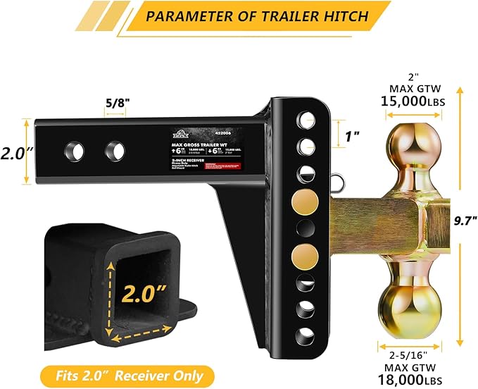 XPE Adjustable Trailer Hitch, Fits 2.0-Inch Receiver, 6-Inch Drop/Rise,2"" & 2-5/16"" Ball Hitches for Trucks, 18,000 LBS GTW - Receiver Hitch with Anti-Theft Pin, Solid Ball Mount, BLK,X-452006