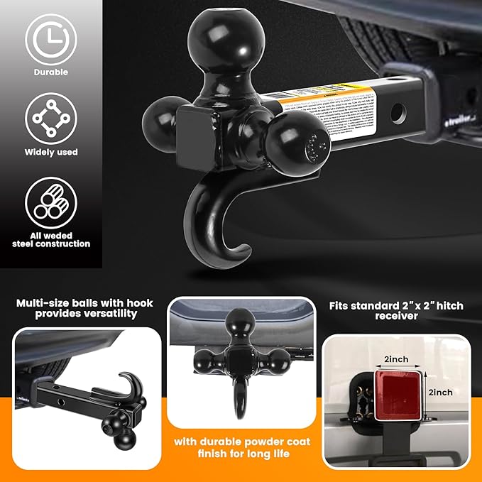 MaxxHaul Triple Ball Mount Hitch with Tow Hook, Fits 2" Receiver – 1-7/8", 2", 2-5/16" Welded Hitch Balls, Class III/IV, 10,000 lb GTW, Heavy-Duty Powder-Coated Steel – 50231