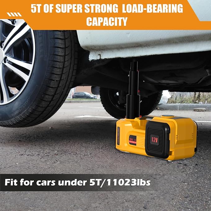 Electric Car Jack, 5 Ton 12V Digital Display Electric Jack for Car with E-Impact Wrench, Tire Inflator Pump and LED Light, (Lifting Range: 6.1-17.7 Inch) for Sedan, SUV, Truck Tire Change Replacement