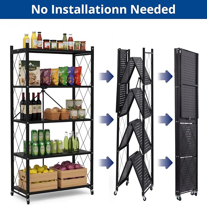 5 Tier Foldable Storage Shelf with Wheels, Heavy-Duty Metal Shelving Unit, No Assembly Book Shelf Rolling Storage Rack for Garage, Kitchen, Pantry, Closet, Exhibition, Office Decor, Black