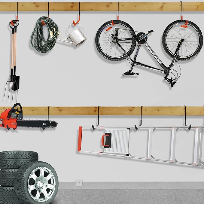 HUPBIPY Rafter Hanger Large S Garage Hooks Bike Storage System Holder Organizer, with Non Slip Coating, for Organizing Hanging Basket, Ladders,Bicycle Wheel,Ropes and Bulk Items (12Pack, Orange)
