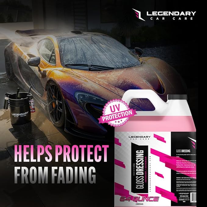 Legendary Gloss Dressing 64oz (Half Gallon) - Tire Shine Spray & Plastic Restorer – Water Based & Non-Greasy Interior/Exterior Detailing Spray - Trim, Rubber, Vinyl & Plastic Restorer for Cars