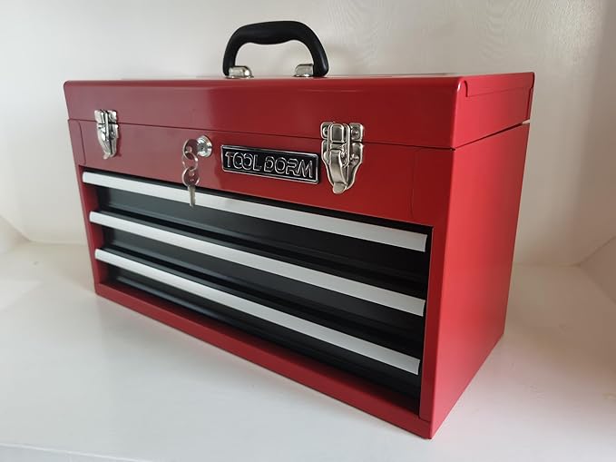 20.3“ Metal Tool Box with Drawer Portable Steel Tool Box with Protective Liner and Latch Closure and Lock for Garage, Home and Warehouse (Red & Black-3 Drawers)