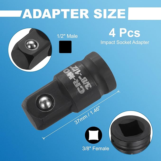 HARFINGTON 4pcs Impact Socket Adapter 3/8" Female to 1/2" Male Square Drive Increaser Standard SAE CR-MO Steel Converter Impact Driver Ratchet Wrench Breaker Bar Conversion, Black