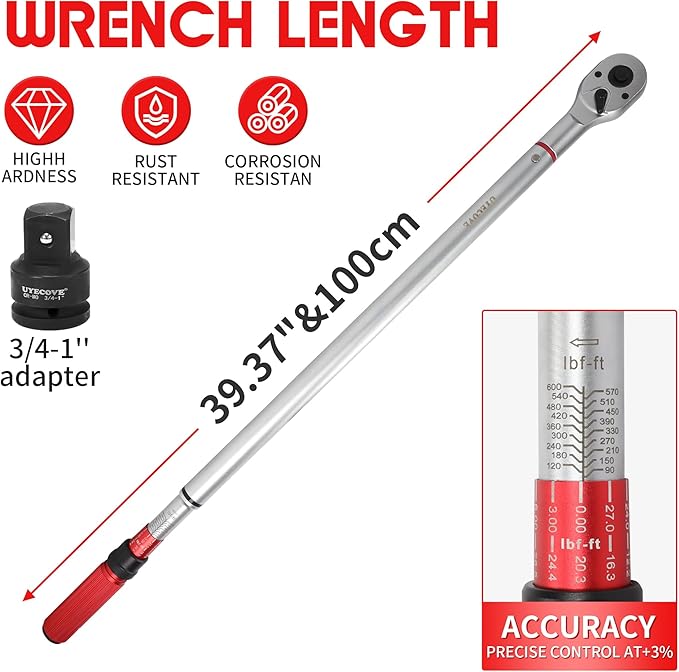 3/4 Inch Torque Wrench, 48 Tooth Torque Wrench 3/4 Drive 100-600FT.LB/135-815N.M with a Solid Storage Case