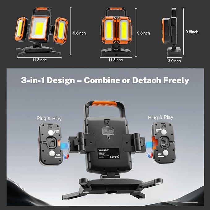 Tresda 3-in-1 Modular Rechargeable Work Light, 50W 5000LM Portable LED Work Lights with Detachable Dual Side Lights, 9 Modes, 360° Rotation, Magnetic Base & Hooks for Workshop Jobsite Repair Camping