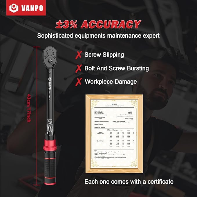 VANPO 1/2-inch Drive Click Torque Wrench,10-170 Ft-Lb/13.6-230.5 Nm, Adjustable Torque Wrench Set with 1/2" to 3/8" Adapter, 125mm Extension Bar, 72-Tooth Torque Wrench for Moto, Car Maintenance