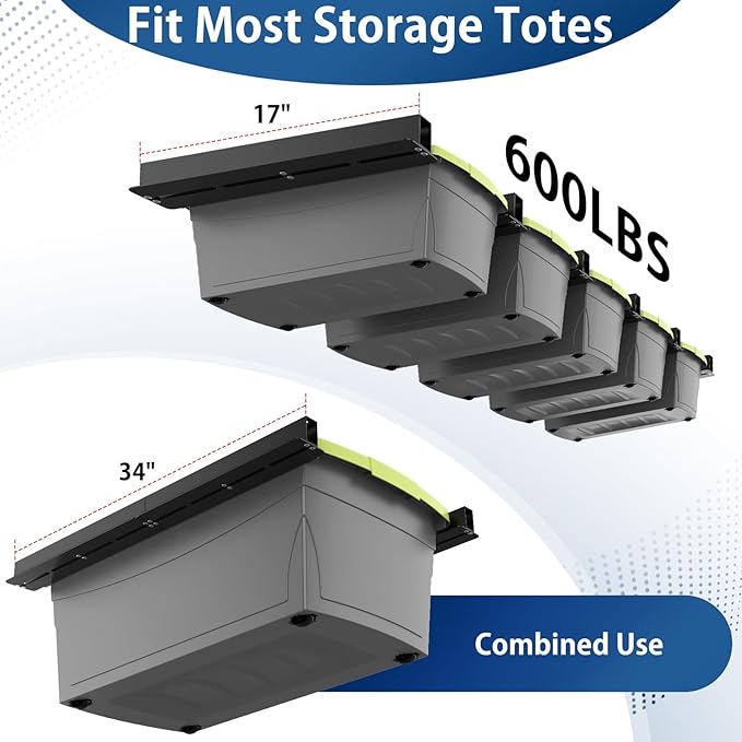 Overhead Garage Storage Rack, Heavy Duty Ceiling Storage Rack, 17 Inch Adjustable Overhead Tote Storage Rail System, 6 Sets for 5 Bins