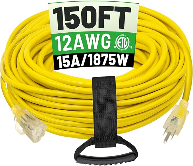 POWGRN 150 ft 12/3 Outdoor Extension Cord Waterproof Heavy Duty with Lighted Indicator End 12 Gauge 3 Prong, Flexible Cold-Resistant Long Power Cord Outside, 15Amp 1875W SJTW Yellow ETL Listed