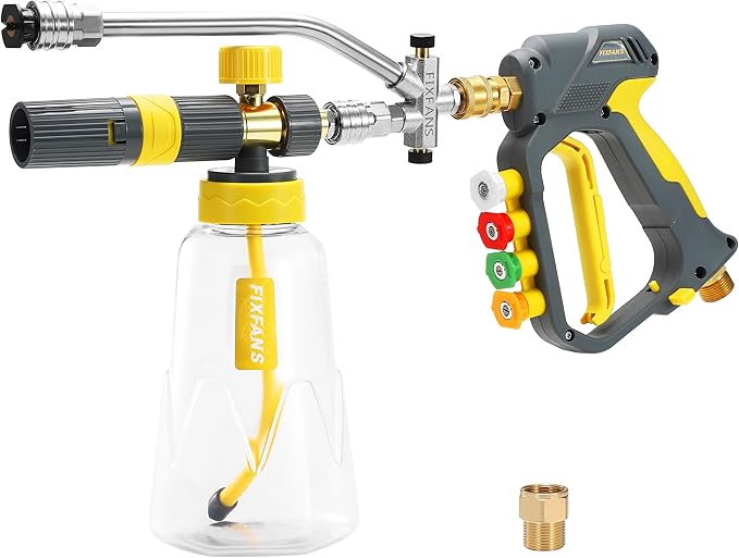 Foam Cannon Gun Dual Connector Accessory for Pressure Washer, Double Tip Attachment Soap Cannon with Power Washer Short Gun, Car Wash Foam Gun Kit, 1/4" Quick Connect, 5 Nozzle Tips