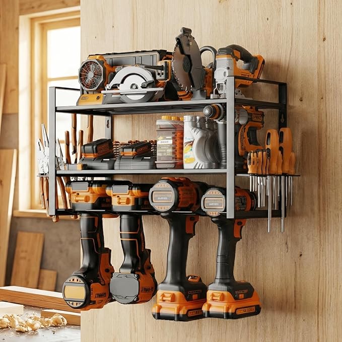 Wall Mount Tool Organizer, 3-Layer Heavy Duty Metal Rack for 4 Drills, with Screwdriver and Hammer Holder, 150 Lbs Capacity, Garage and Workshop Storage (trumpet, 3-4)