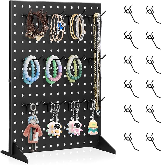 Acfunique Peg Board Display Stand for Vendors with 12 Hooks Metal Tabletop Pegboard Display Stand for Craft Shows 17" X 13" Retail Display Racks Peg Board Organizer Holder Black